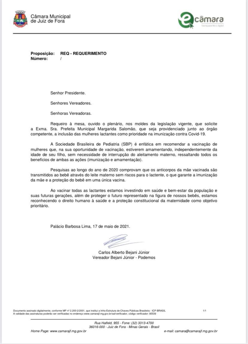 Vereador Bejani Júnior quer prioridade para lactantes na vacinação contra a Covid-19