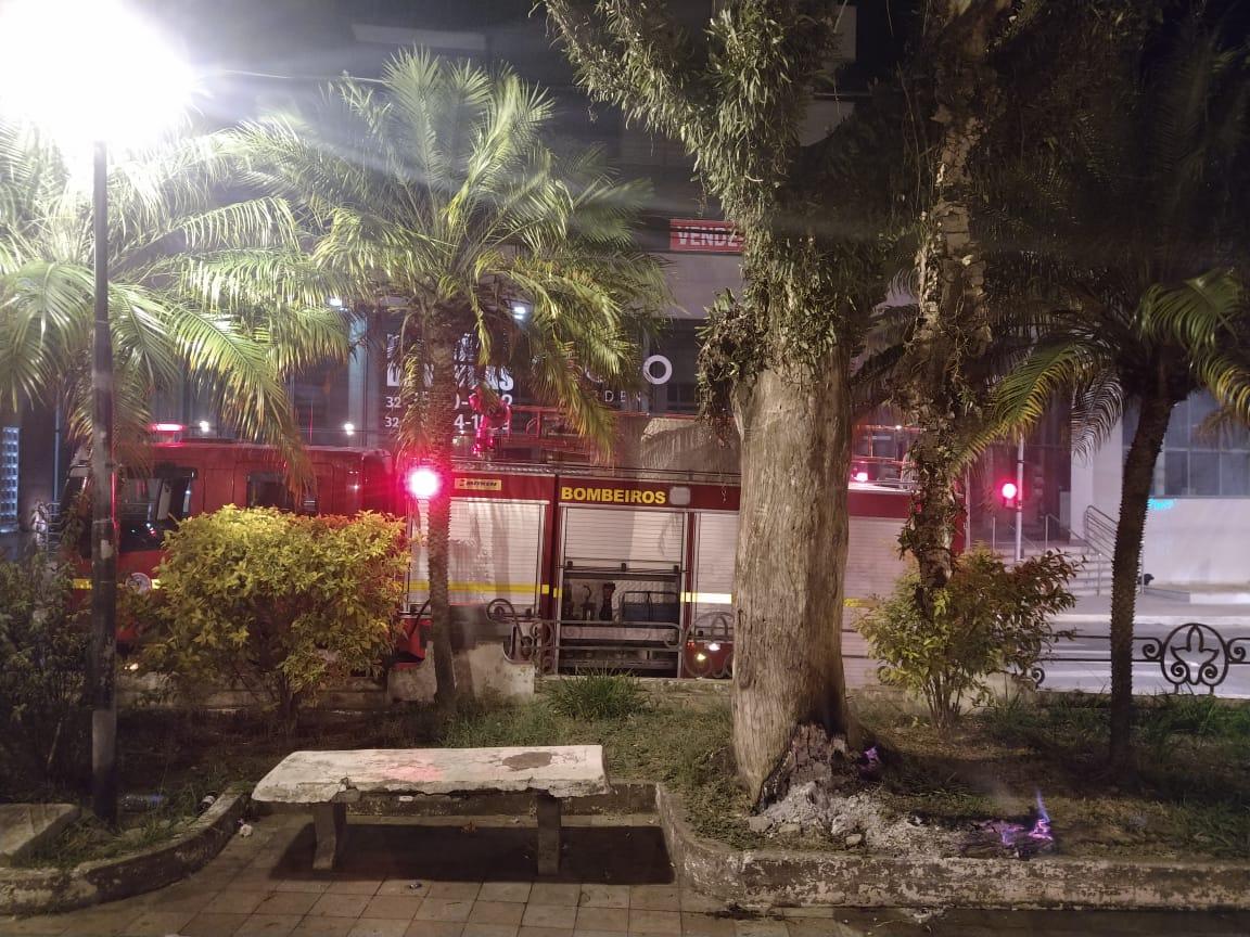 Árvore pega fogo em praça de Barbacena