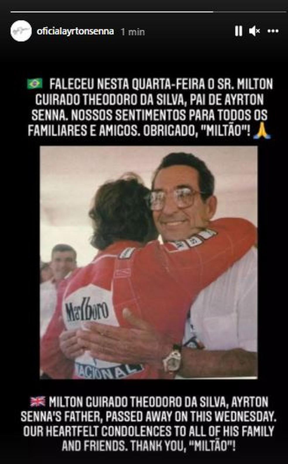 Perfil oficial do piloto divulgou a notícia do falecimento de Milton Silva — Foto: Reprodução