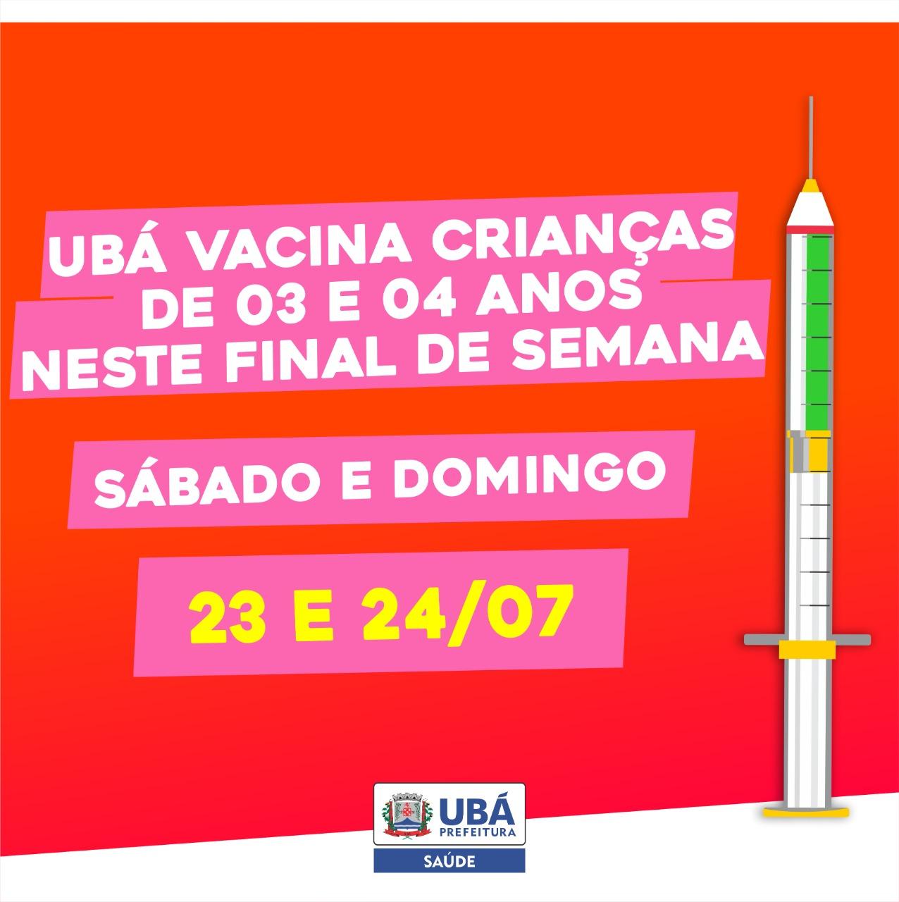 Crianças a partir de 03 anos serão vacinadas neste final de semana em Ubá.