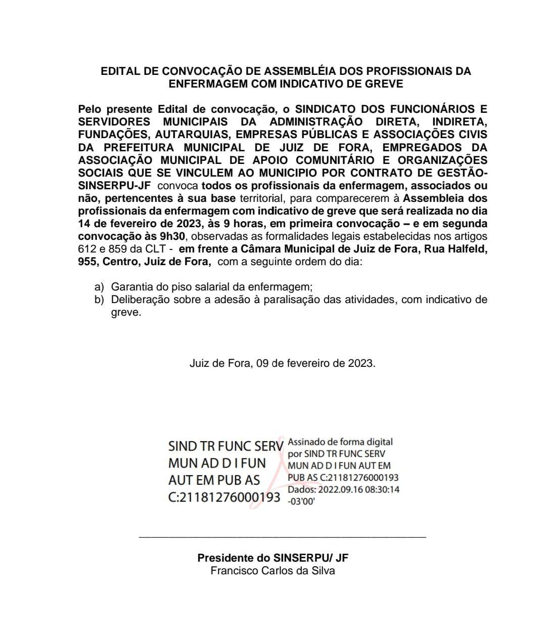 Funcionários da Enfermagem convocam Greve em Juiz de Fora