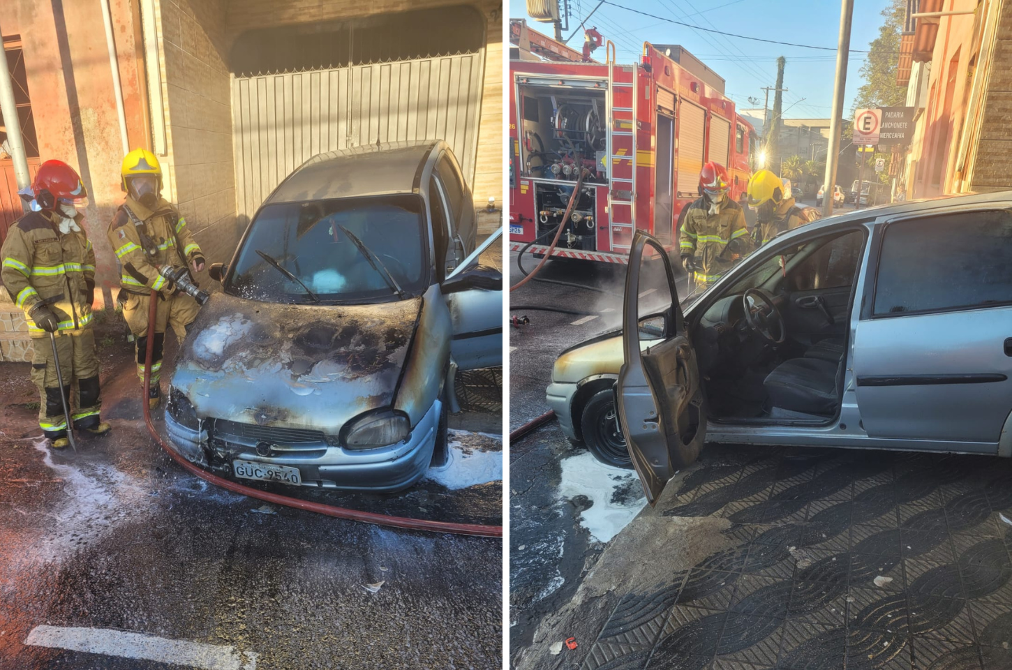 Carro pega fogo no bairro Bom Pastor em Barbacena, mas ação rápida dos bombeiros evita tragédia