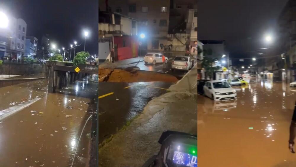 Temporal de 112mm em menos de uma hora provoca enxurradas, abre cratera e deixa ilhados na Zona Leste