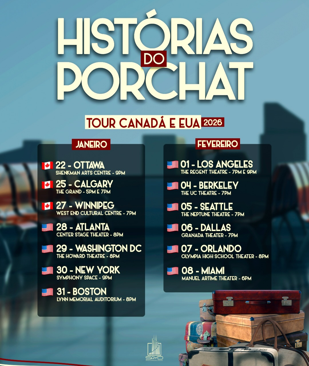 Agenda de apresentações de Fábio Porchat no Canadá e nos Estados Unidos em janeiro e fevereiro de 2026. Arte: @fabioporchat