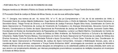 Ministério Público de Minas Gerais cria força-tarefa para enfrentar impactos das enchentes em 2026