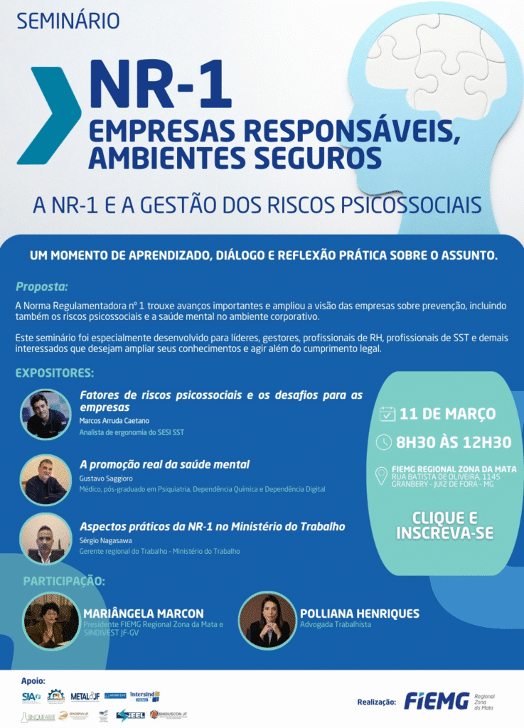 FIEMG promove seminário gratuito sobre saúde mental e normas de segurança em Juiz de Fora