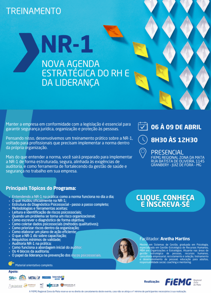 FIEMG Regional Zona da Mata abre inscrições para treinamento sobre a nova NR-01