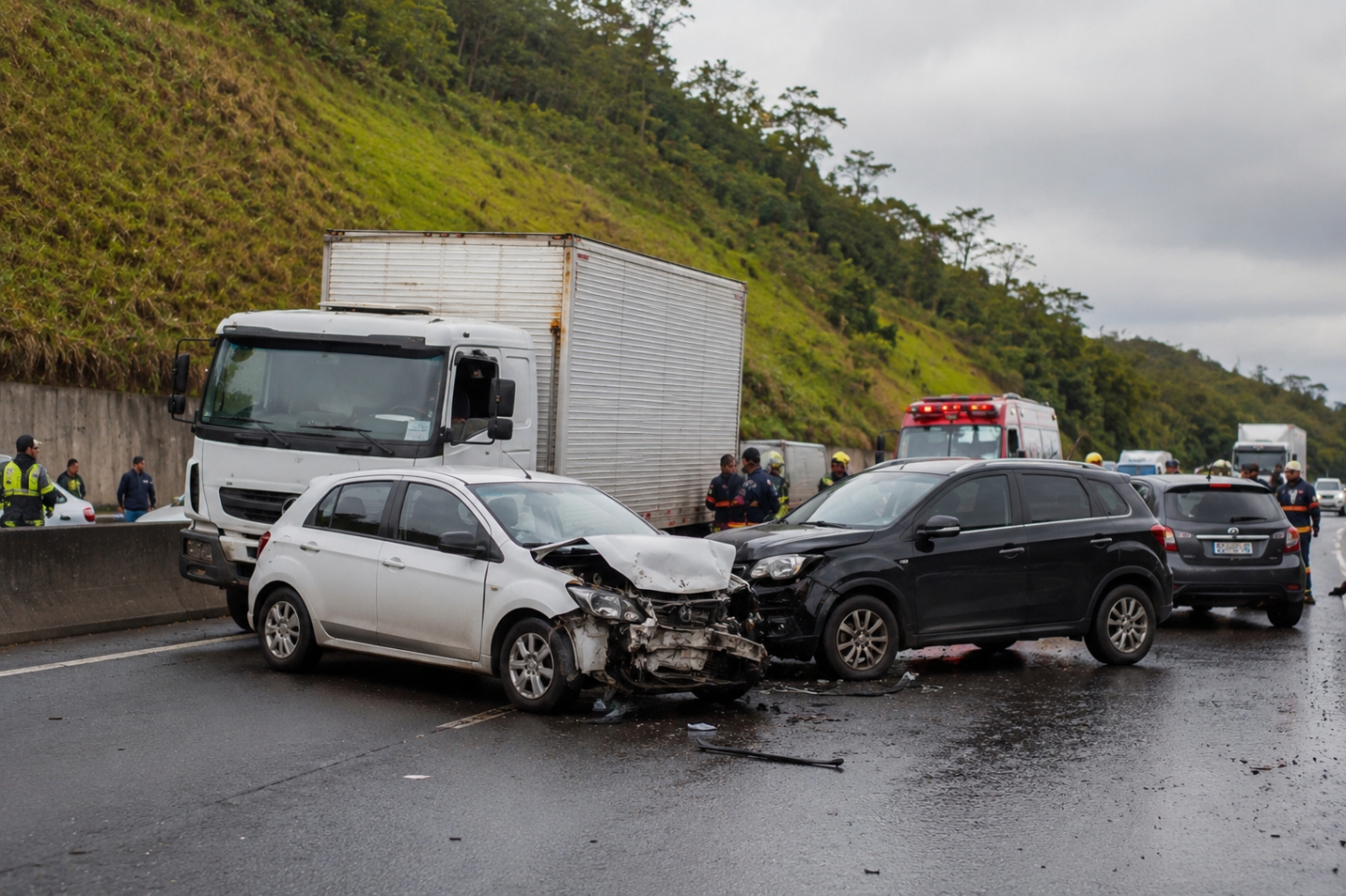Acidente na BR-040 em Juiz de Fora envolve quatro veículos e deixa cinco feridos leves  Colisão registrada na manhã desta terça-feira (6) ocorreu em trecho com neblina e causou lentidão no trânsito sentido Rio de Janeiro  Um acide