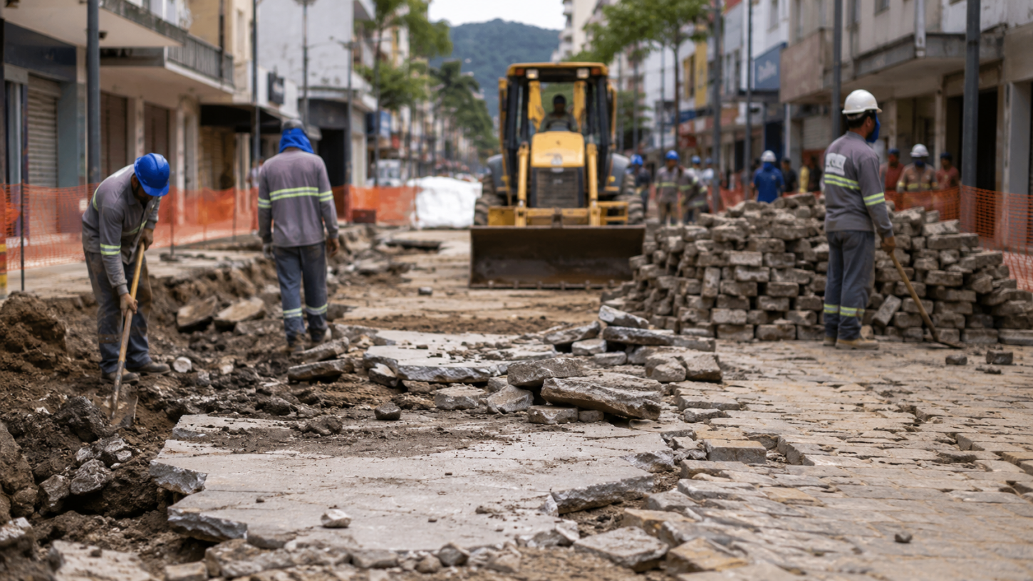 Calçadão de Ubá começou a ser reconstruído após chuva: obras emergenciais avançam na cidade