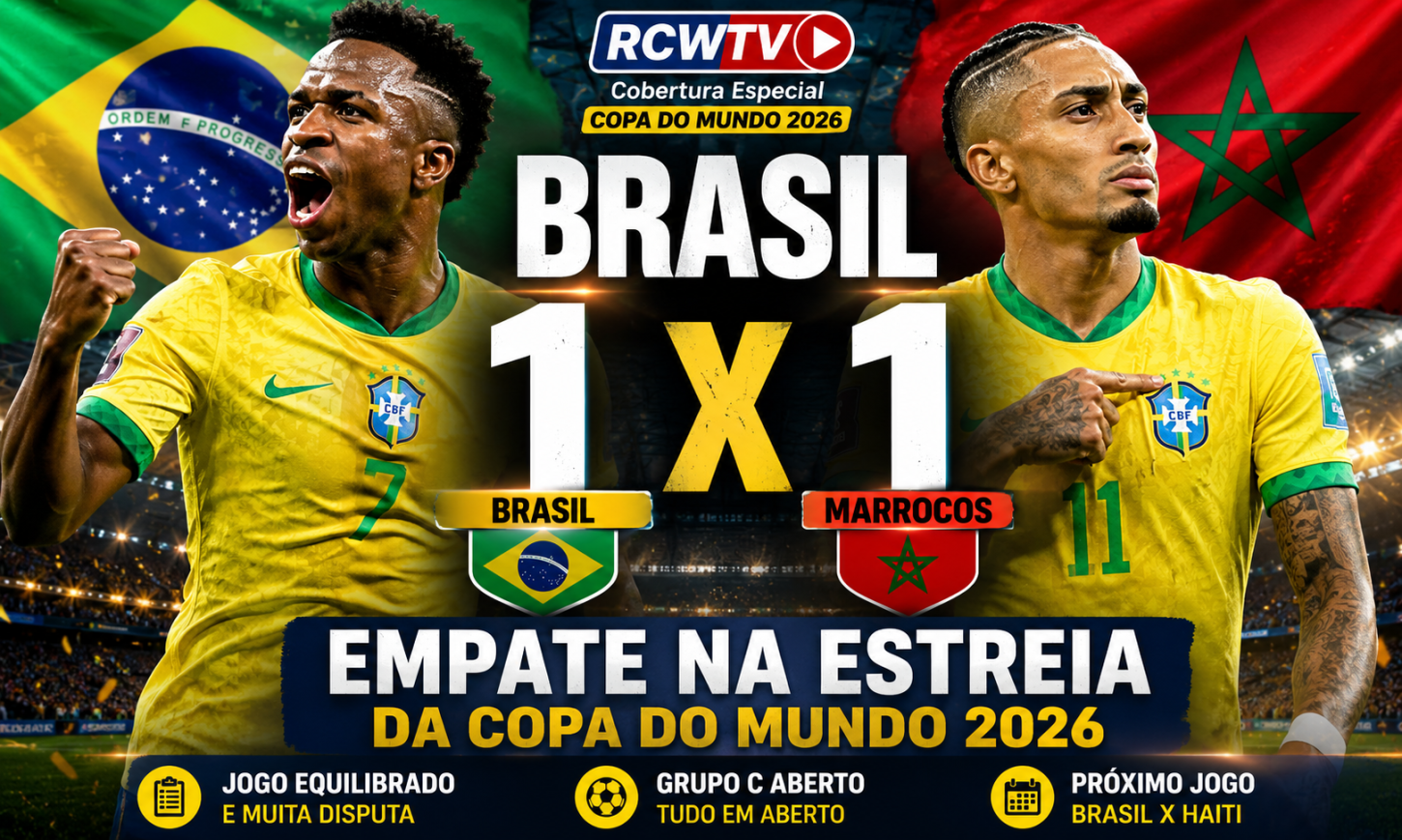 Brasil estreia com empate diante de Marrocos e adia arrancada na Copa do Mundo de 2026