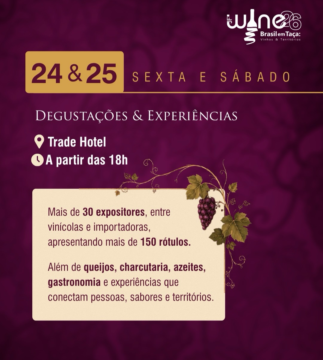 A Grande Feira, no Trade Hotel, reúne vinícolas brasileiras e internacionais, degustações de rótulos, praça gastronômica e experiências voltadas ao enoturismo. Arte: JF Wine Festival.