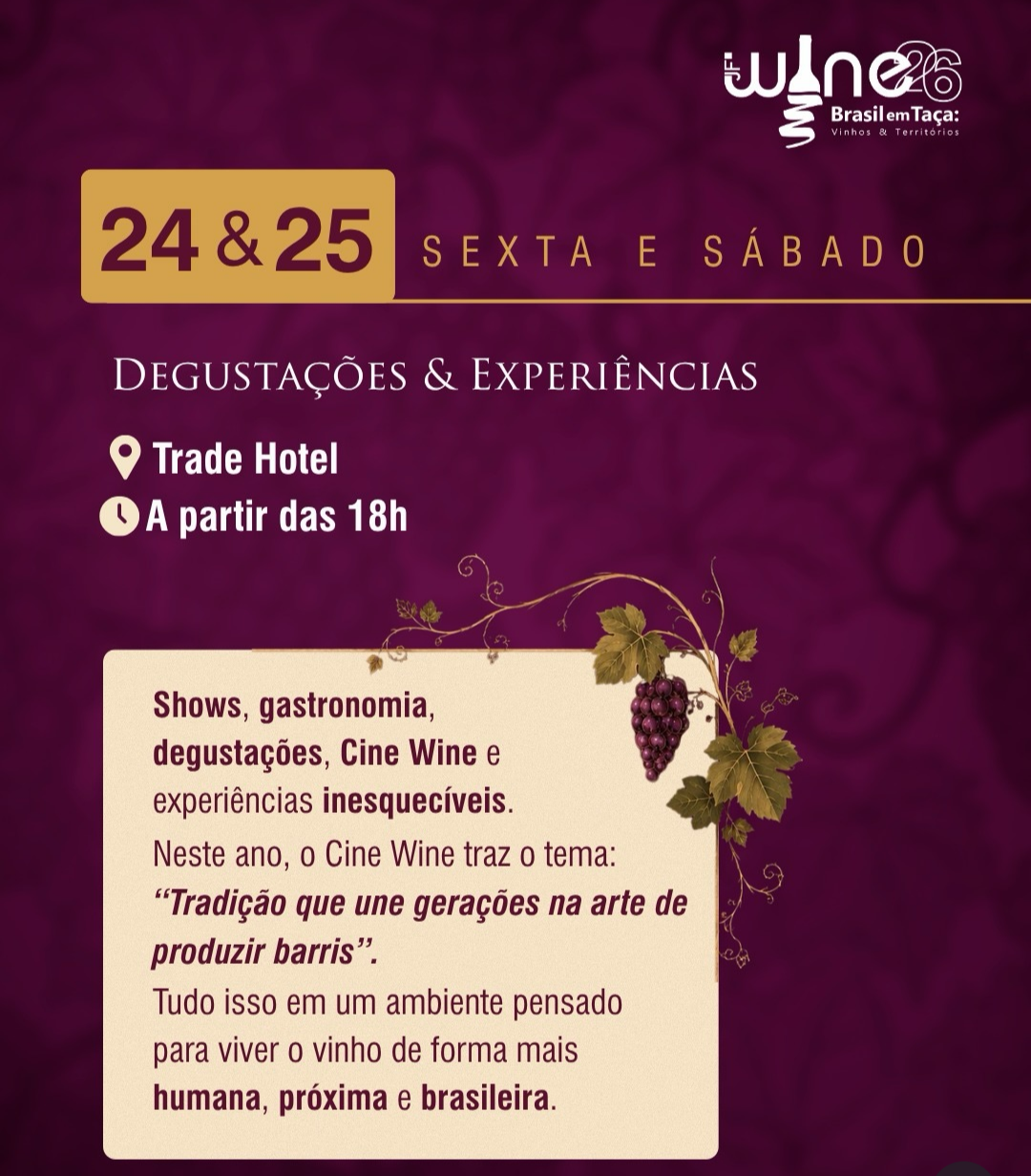 Arte: Além da programação enogastronômica, o público acompanha sessões do CineWine e apresentações musicais com Thiago Miranda e Arteria Trio, atrações que encerram a edição 2026 do festival.
