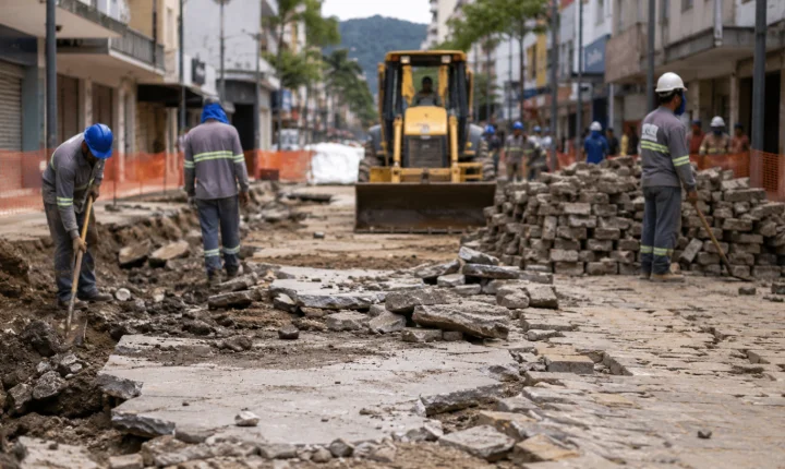 Calçadão de Ubá começou a ser reconstruído após chuva: obras emergenciais avançam na cidade