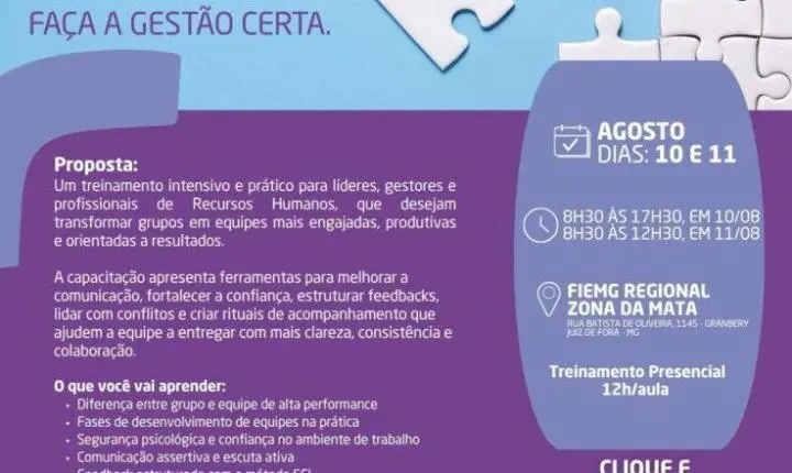 FIEMG Zona da Mata Abre Inscrições para Treinamento de Gestão em Juiz de Fora