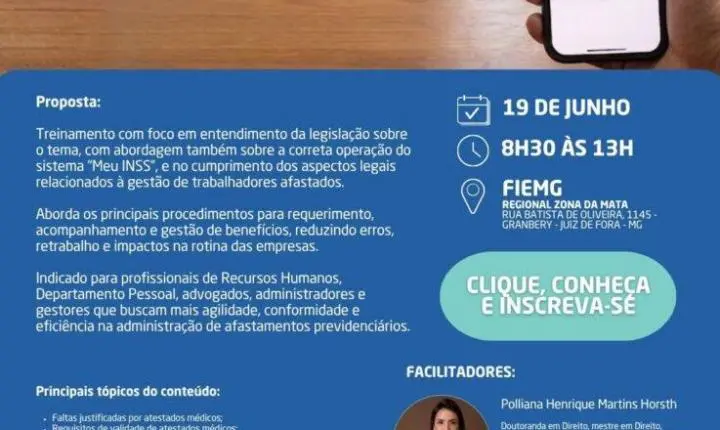 FIEMG Zona da Mata promove curso presencial sobre gestão de afastamentos e sistema Meu INSS