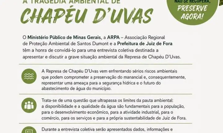 MPMG, PJF e Arpa convocam coletiva para alertar sobre a Represa de Chapéu D’Uvas